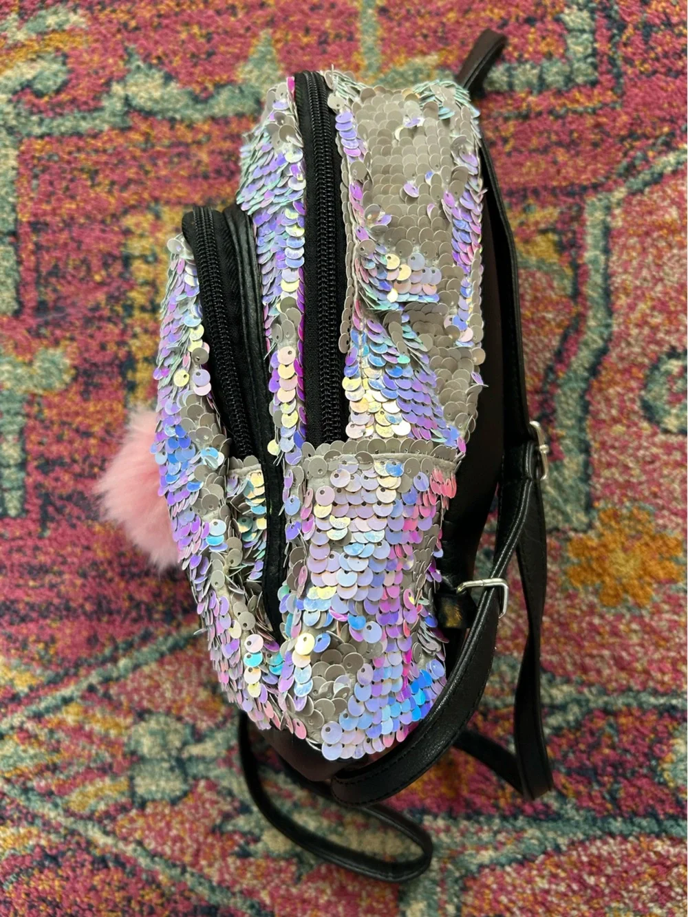 Justice | Girls Iridescent Sequin Mini Backpack with Pink Pom Pom and Letter L